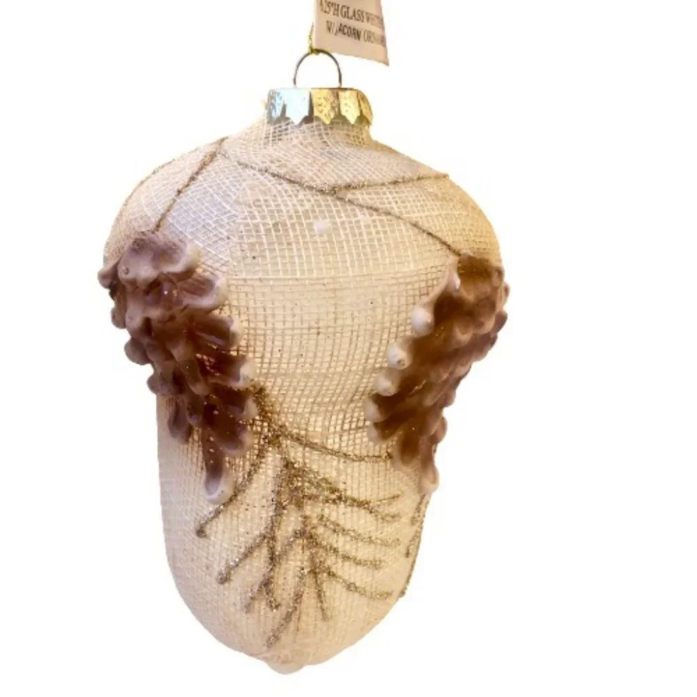GERSON White Finial Acorn Glitter Glass Ornament Christmas Large Size 6